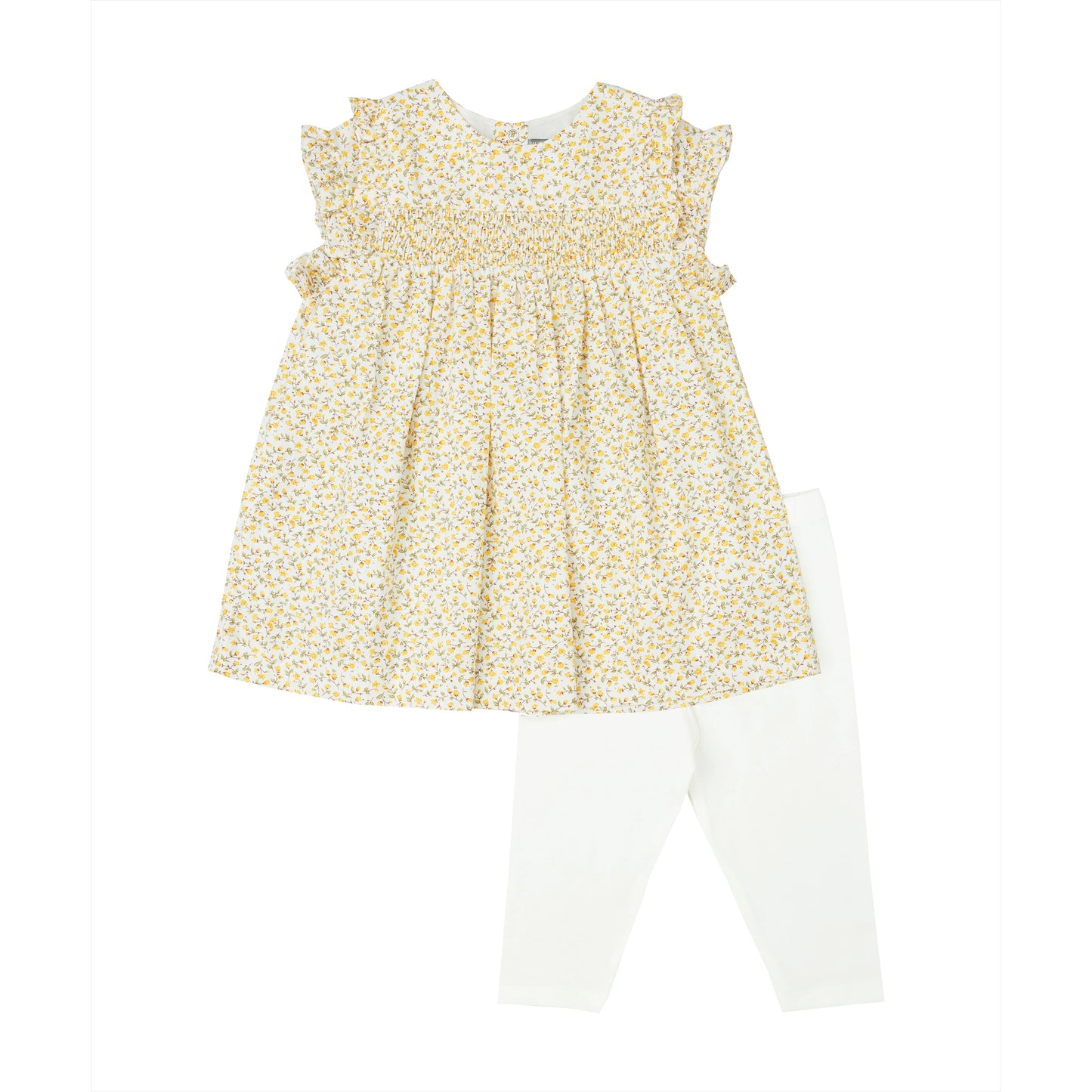 two piece baby girl sets. Top is a yellow floral tunic with matching off-white leggings.