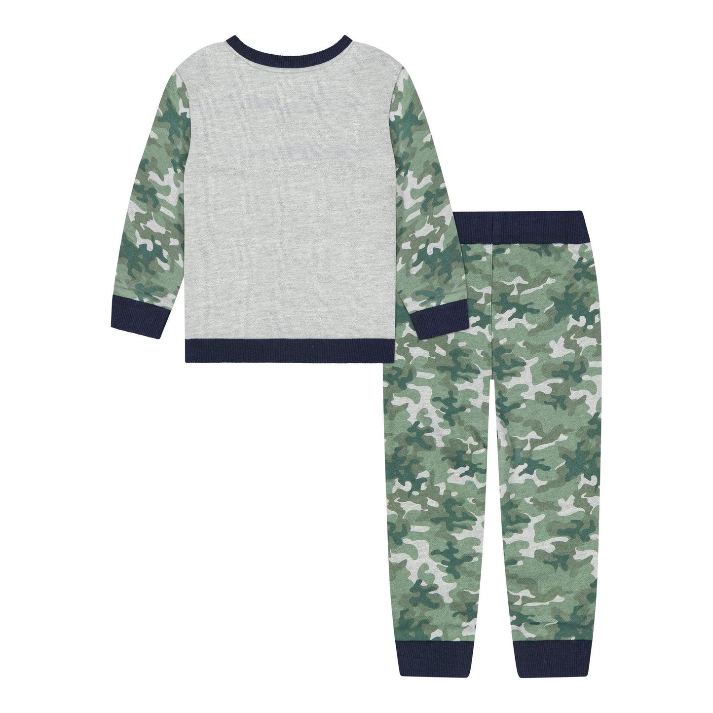 back side of baby boys French terry camo two-piece set.